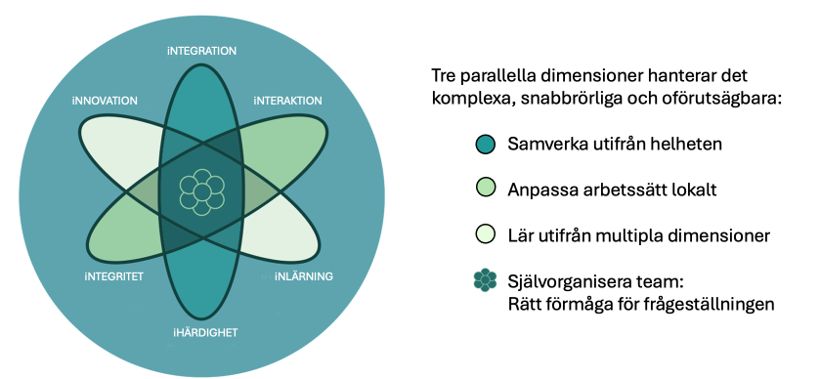 Illustration av iTransformations sex byggstenar i en cirkel: integration, interaktion, integritet, innovation, inlärning och ihärdighet, med tre principer för samverkan listade bredvid.