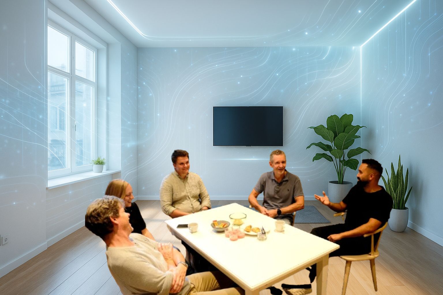 Fem kollegor samtalar runt ett bord i ett rum där väggarna är överlagda med ett digitalt mönster av glödande linjer, en symbol för teknik i vardagen.