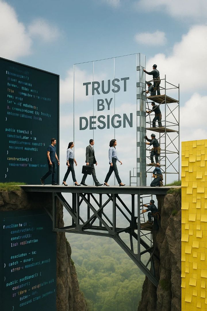 Personer i kontorskläder går över en bro mot en glasvägg med texten "Trust by design", medan andra bygger på ställningar bredvid.